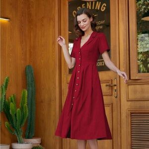 RIHOAS Red A-Line Pleated Button Midi Dress S
